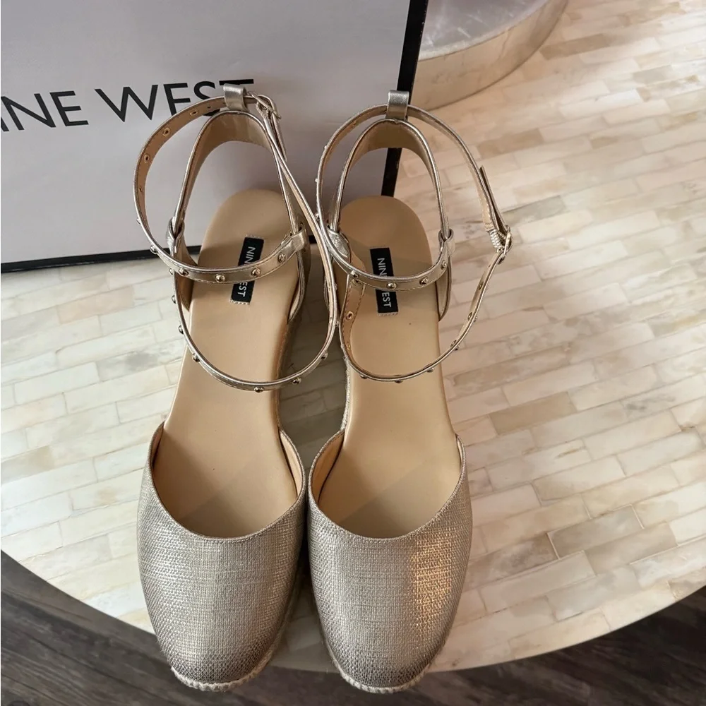 Gold Espadrille Flats with Ankle Strap